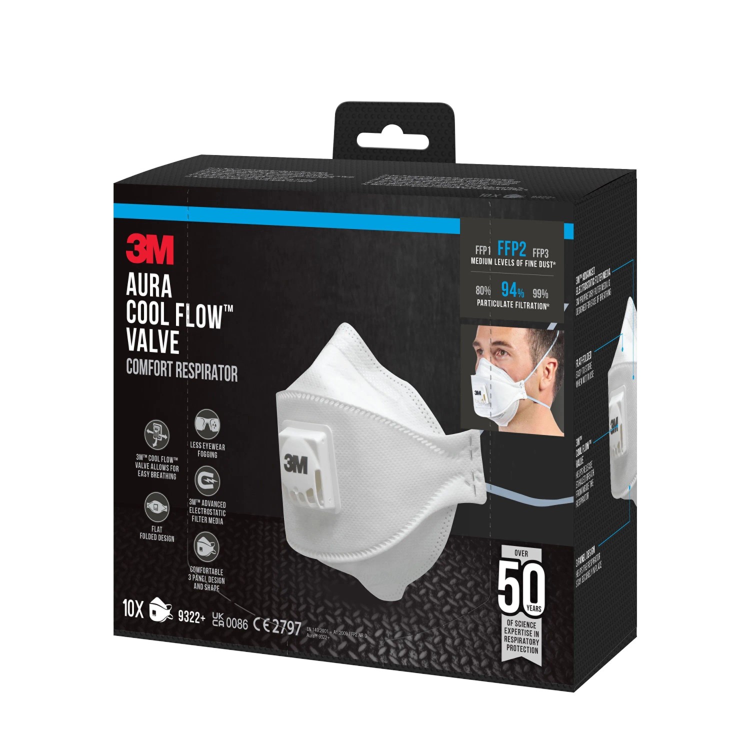 3M Aura Komfort Atemschutzmaske FFP2, 10er-Pack. Weißer Atemschutz mit Cool Flow Ventil in Produktverpackung.