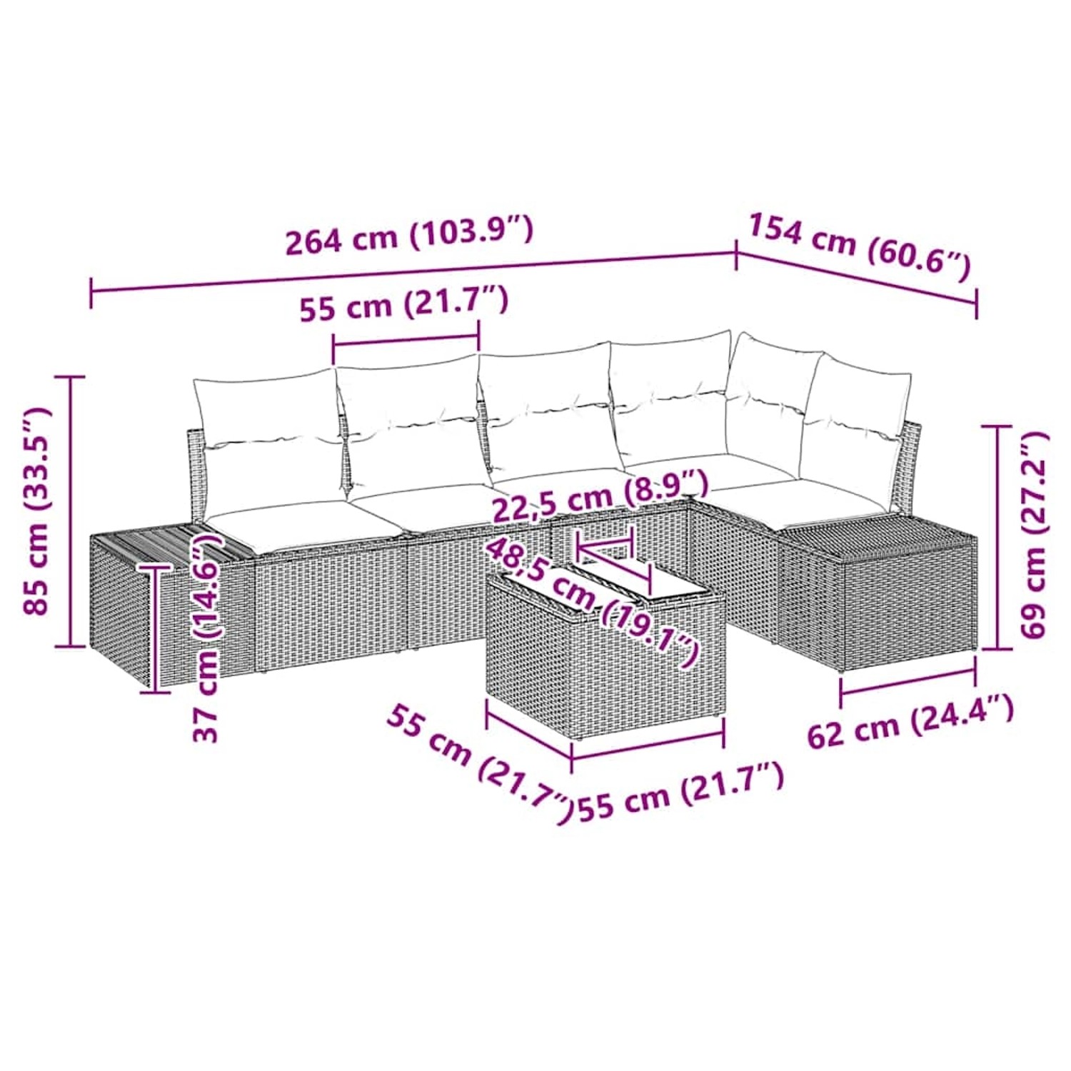 vidaXL Garten-Sofa-Set, 6-teilig, schwarz, Poly Rattan, mit Maßen. Ideal für Terrasse und Garten.