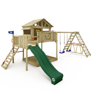 Wickey Spielturm Smart Fjord mit grüner Rutsche, Schaukel und Kletterwand.