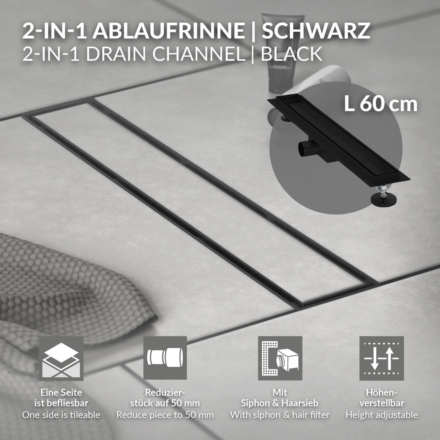 Schwarze LuxeBath Duschrinne, 60 cm, 2in1 befliesbar, aus Edelstahl. Duschzubehör für barrierefreies Bad.
