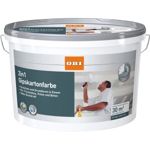 Eimer OBI 2in1 Gipskartonfarbe 5 l, weiße Wandfarbe für Innenräume.