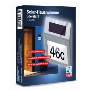 Basi Solar-Hausnummer SHN 200 aus Edelstahl mit LED-Beleuchtung und Zahlen/Buchstaben-Set.