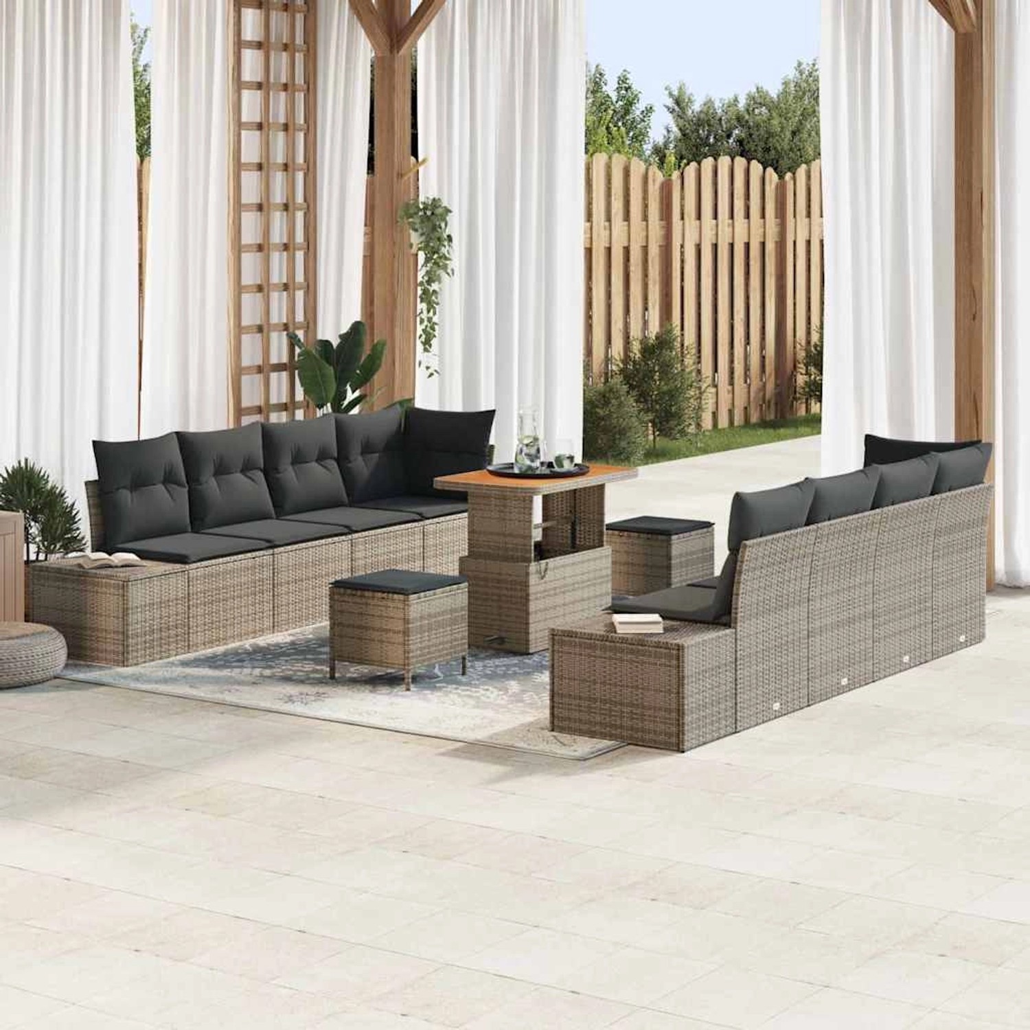 Graues 11-tlg. vidaXL Garten-Sofa-Set aus Poly Rattan mit Tisch und Kissen.