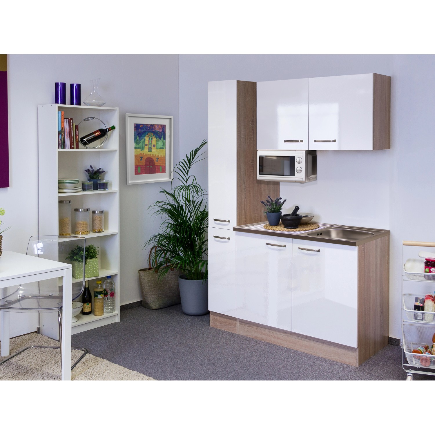 Flex-Well Singleküche/Miniküche 130 cm Valero Hochglanz Weiß-Sonoma Eiche