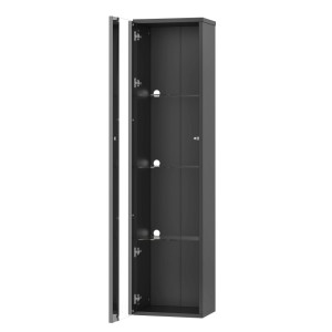 Schwarze Vitrine 170cm hoch mit Glasböden, integrierter LED-Beleuchtung und offener Tür. Für Wohnzimmer.