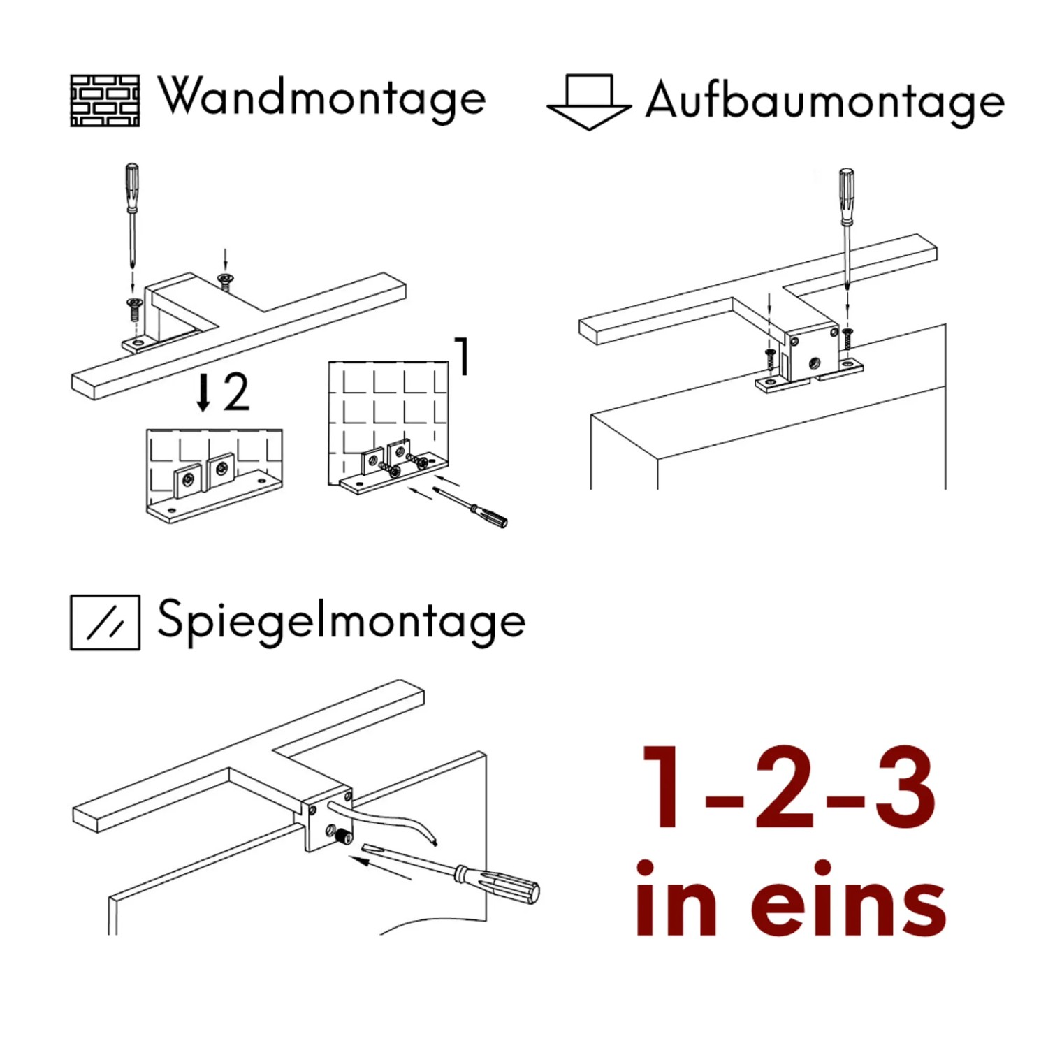 Montagearten der LED Badleuchte: Wandmontage, Aufbaumontage und Spiegelmontage.