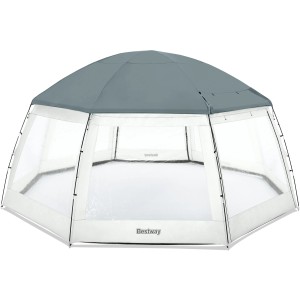 Bestway Pool-Pavillon 600x295 cm: Runde Poolüberdachung mit grauem Dach und transparenten Wänden.