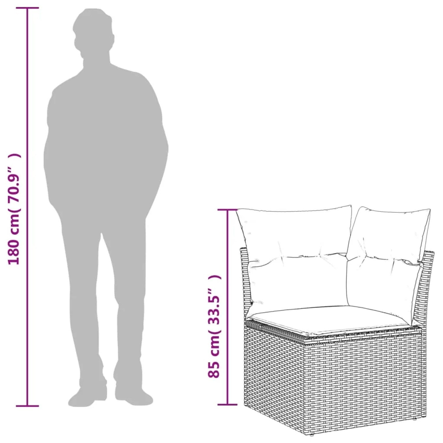 Abmessungen der grauen vidaXL Garten-Sofagarnitur aus Polyrattan mit Kissen.