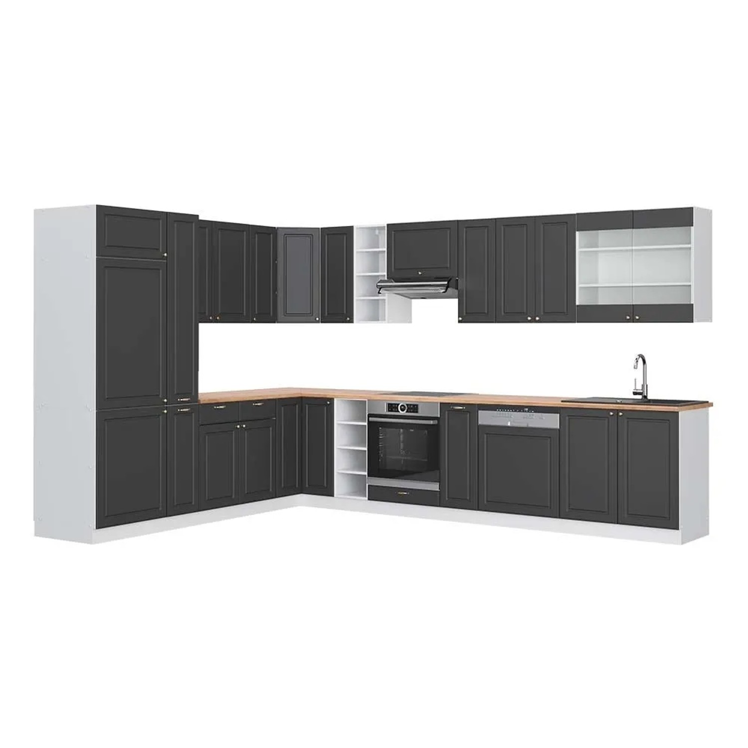Vicco Eckküche Fame-Line Anthrazit-Gold/Weiß 347 x 82, AP Eiche