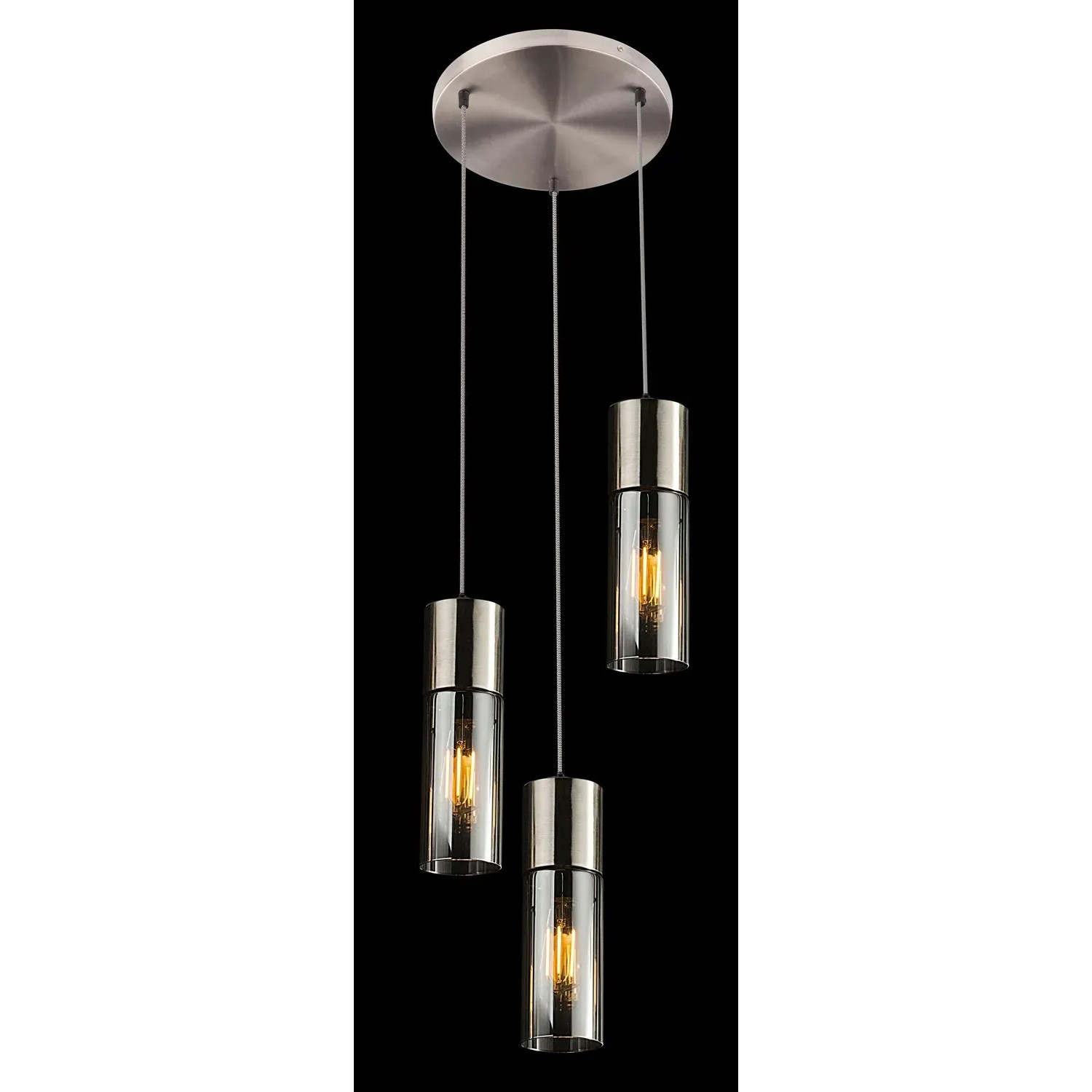 Nickelfarbene Globo Hängeleuchte Annika, 3-flammig mit Glaszylinderschirmen.