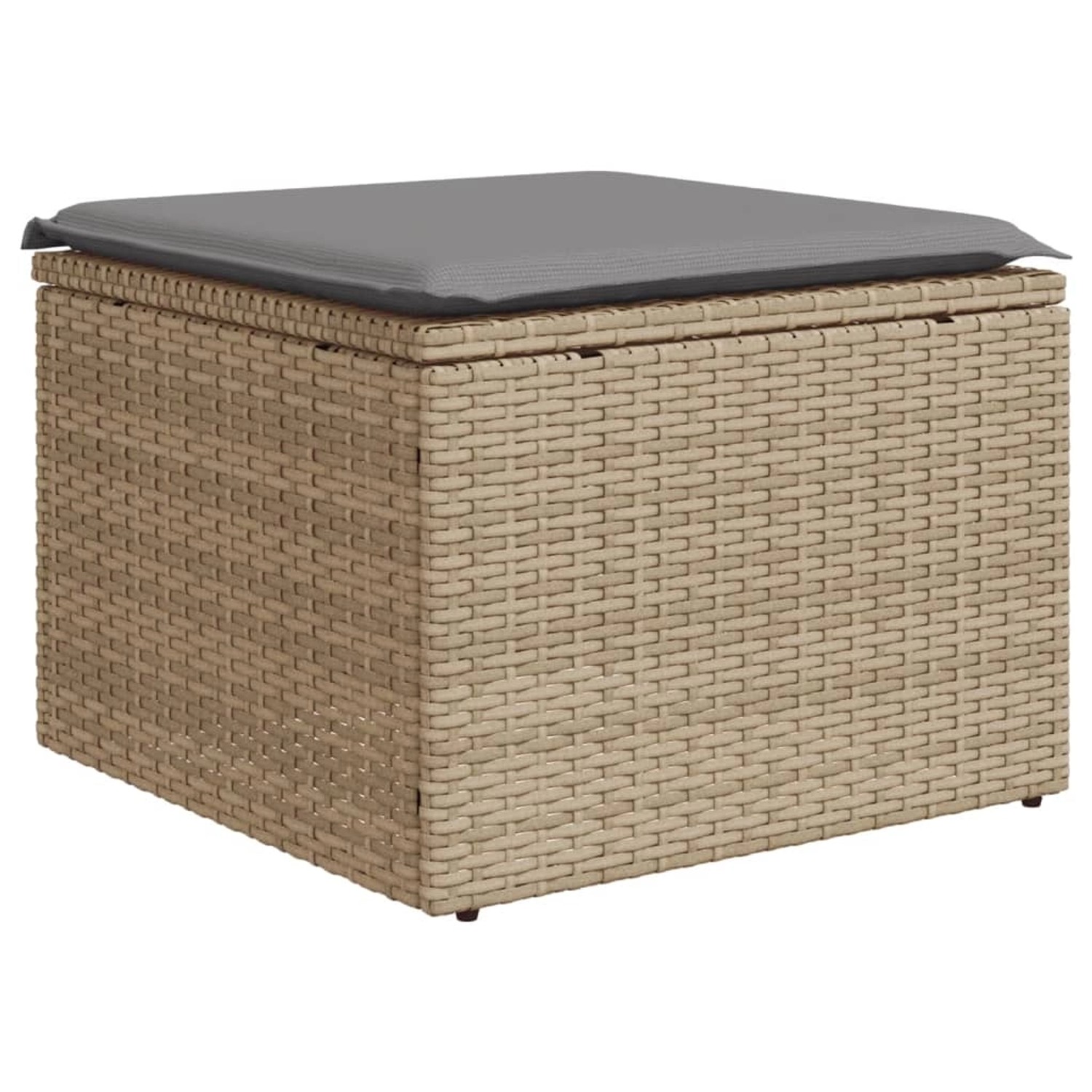 Beiger Poly Rattan Fußhocker mit grauem Kissen, Teil der vidaXL Garten-Sofagarnitur.