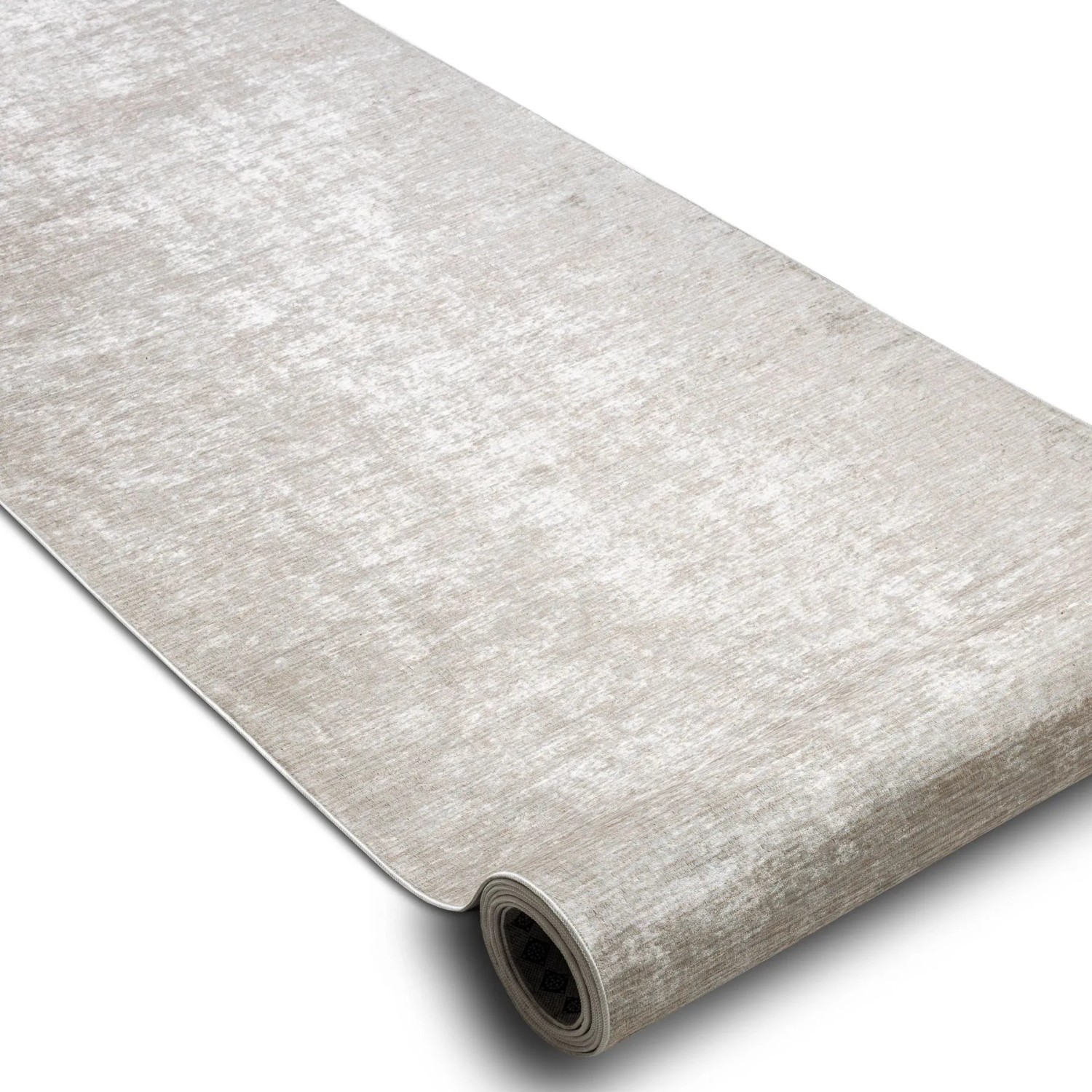 Beiger Läufer mit dezentem Muster, teilweise aufgerollt. Rutschfester Polyester-Teppich für Flur oder Küche.