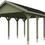 Satteldach-Carport Wallgau, 430x600 cm, mit schwarzen Schindeln. Holzkonstruktion mit acht Pfosten.