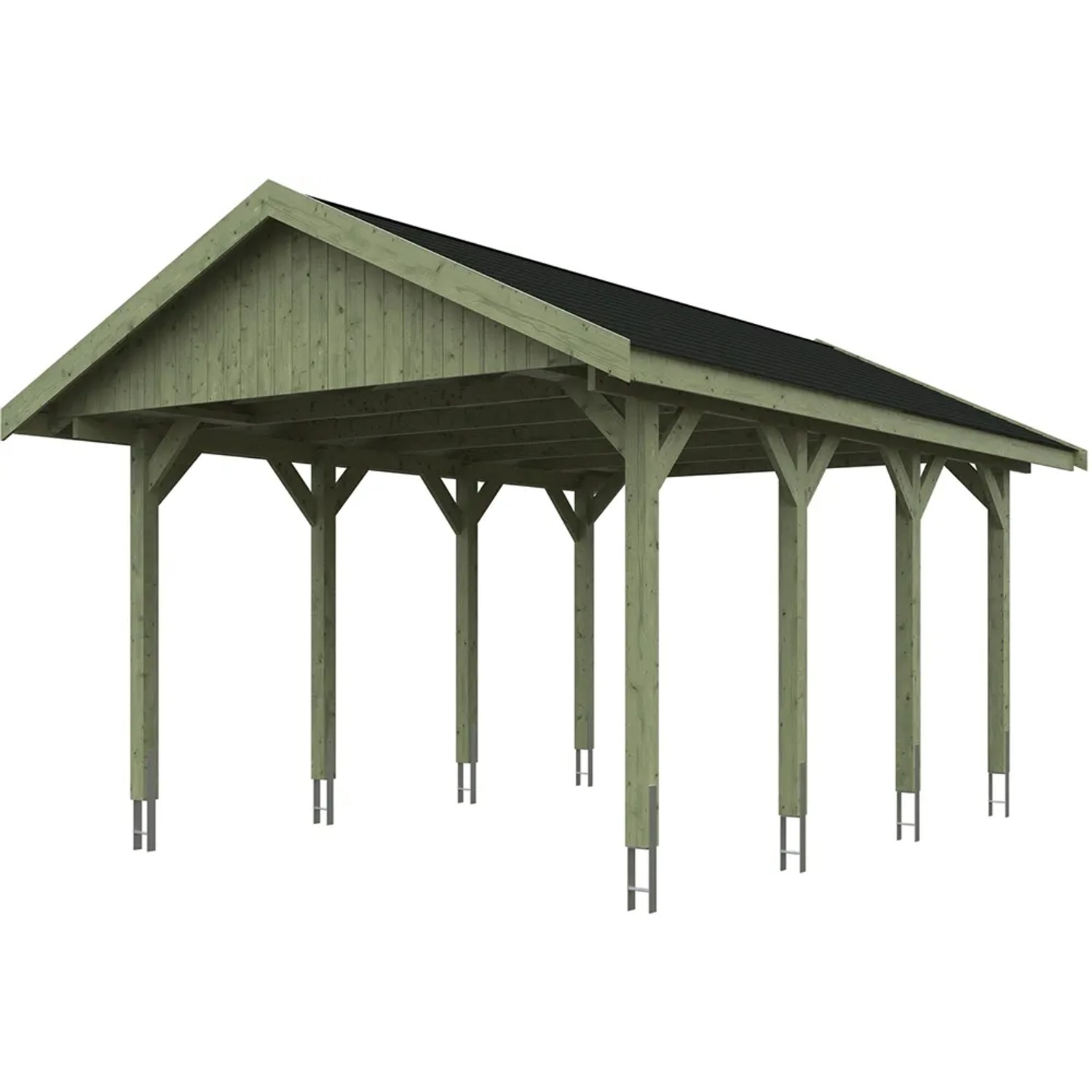 Satteldach-Carport Wallgau, 430x600 cm, mit schwarzen Schindeln. Holzkonstruktion mit acht Pfosten.
