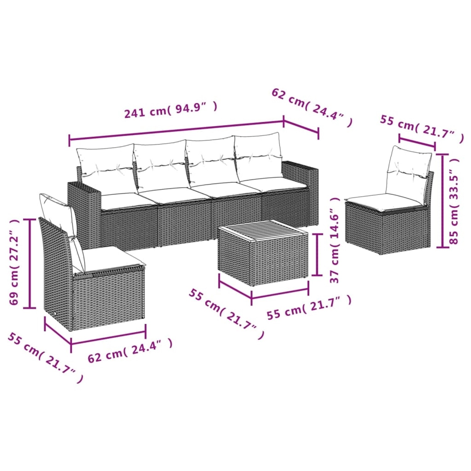 Beige 7-teilige Garten-Sofagarnitur aus Polyrattan mit Kissen. Gartenmöbel-Set mit Tisch, Sofas und Sesseln.