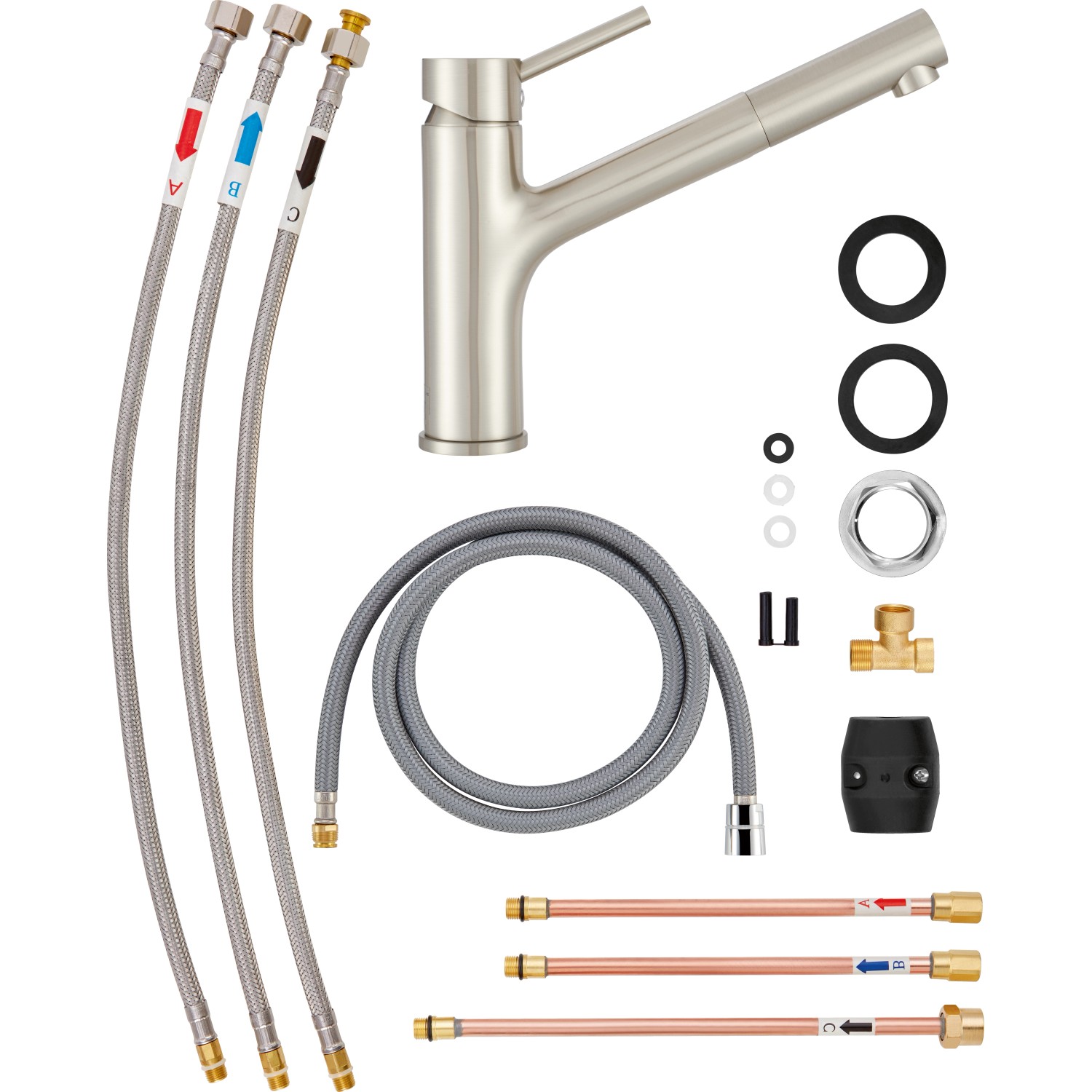 baliv Niederdruck-Küchenarmatur KI-1200 N in Edelstahloptik mit Zubehör für Boiler und Untertischgeräte.
