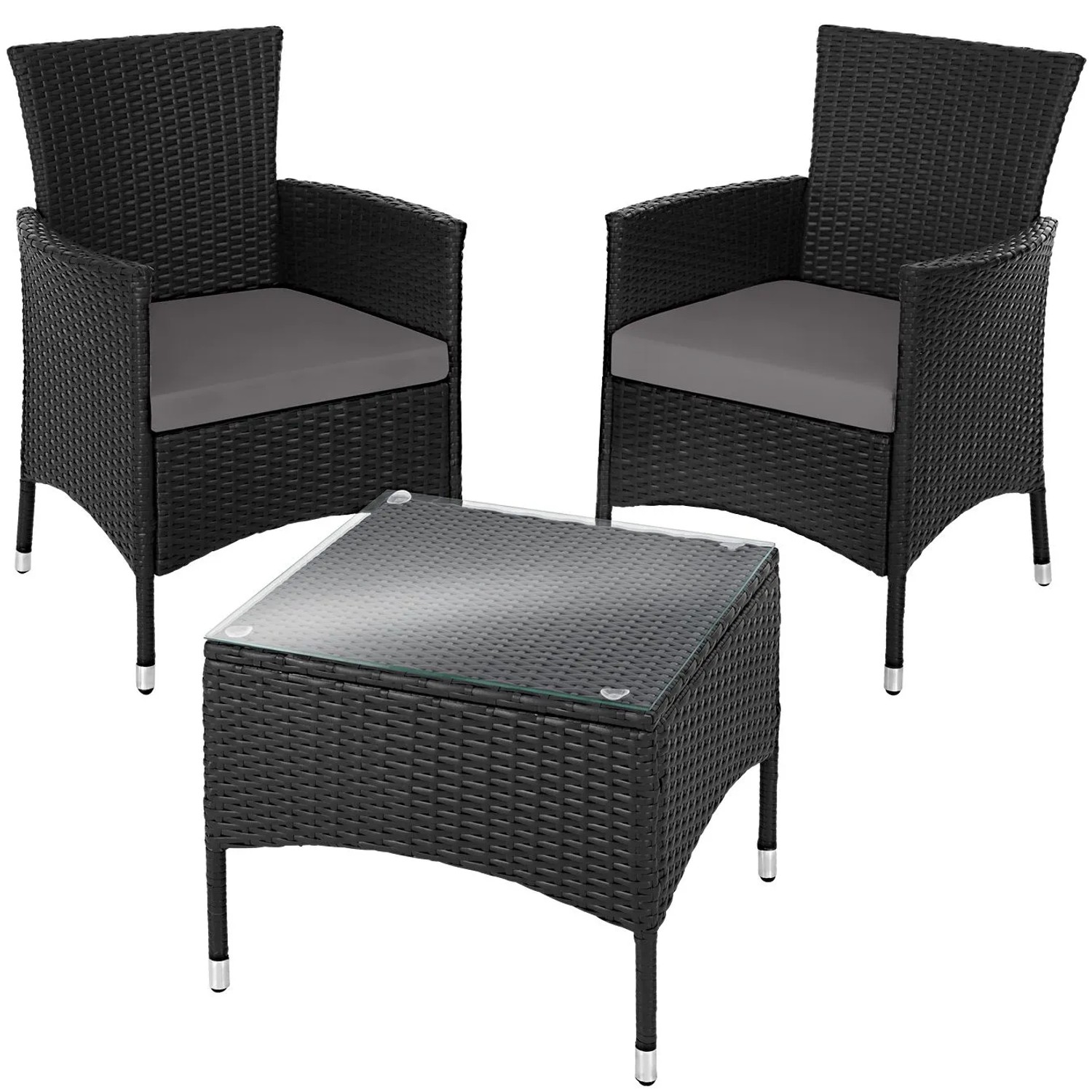 Tectake Rattanset Luzern Für 2 Personen Widerstandsfähig  84 x 60 x 61 cm Schwarz