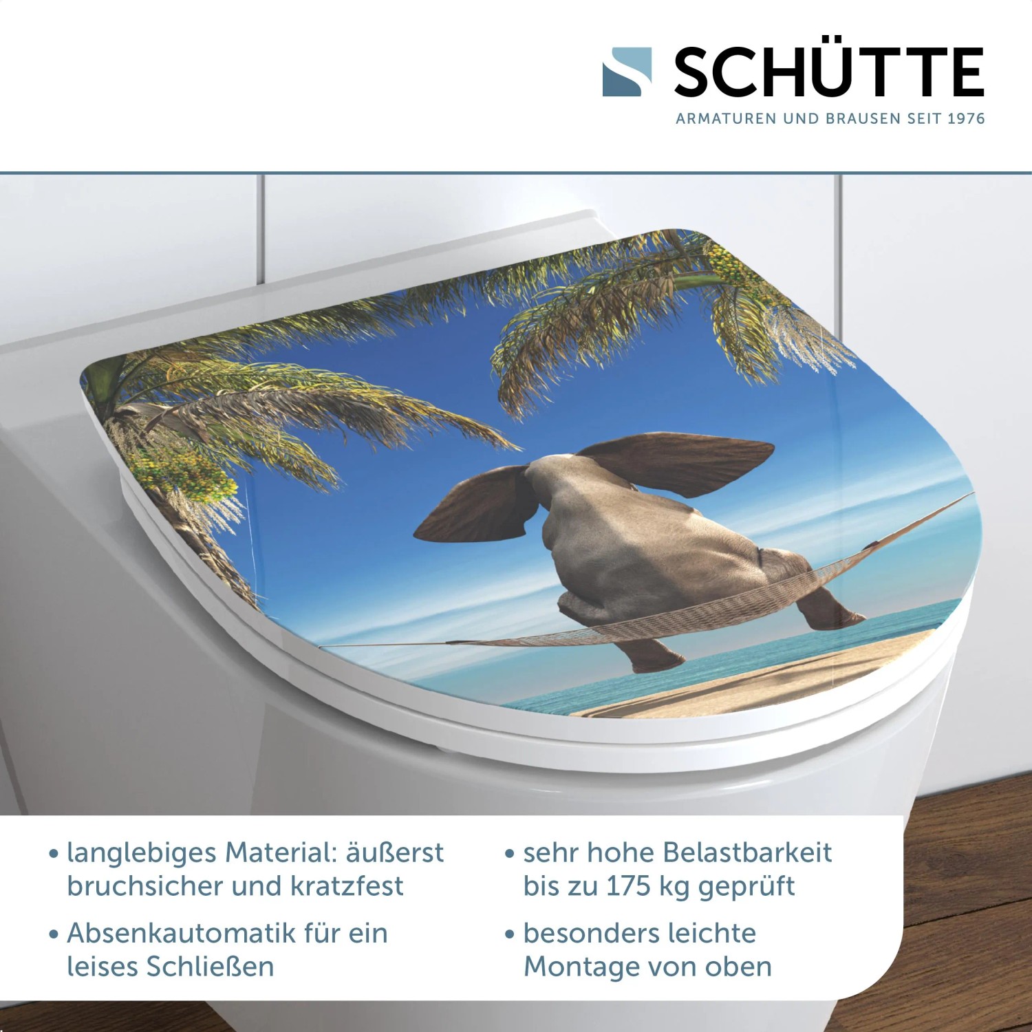 Schütte WC-Sitz Happy Elephant mit Absenkautomatik und Elefantenmotiv auf Strand, Duroplast.