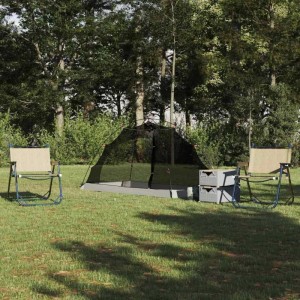 Grau-schwarzes vidaXL Moskitonetz Zelt auf grüner Wiese mit Bäumen. Zwei Campingstühle und Boxen daneben. Perfekt für Outdoor-Abenteuer.