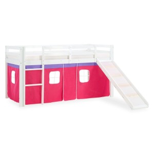 Weißes Kinderhochbett 90x200 mit pinkem Vorhang, Rutsche und Leiter. Robustes Spielbett aus Kiefernholz.
