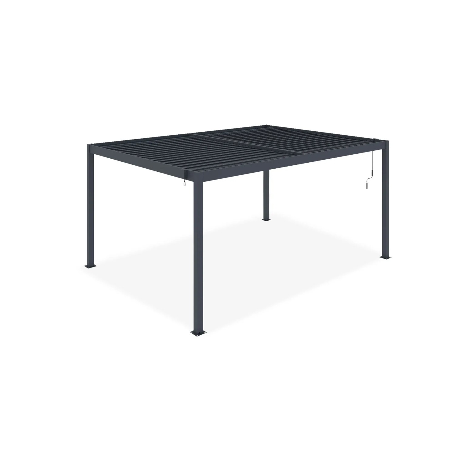 Freistehende, graue Cazeboo Piana Bioklimatische Pergola 4x3m aus Aluminium mit Stahl Lamellen.