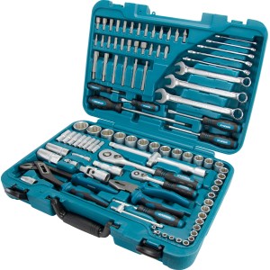Hyundai Werkzeugset K98, 98-teilig im geöffneten, türkisfarbenen Koffer. CrV-Stahl Werkzeug.