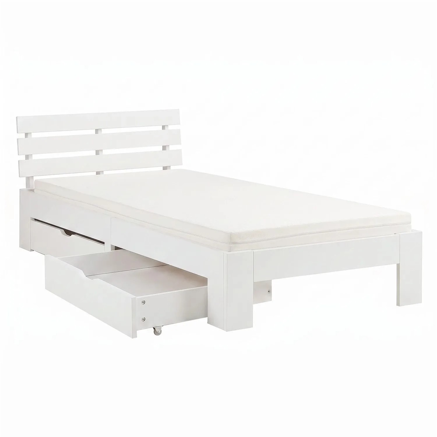 Homestyle4u Holzbett 90x200 mit Matratze und 2 Bettkästen in Weiß 3213