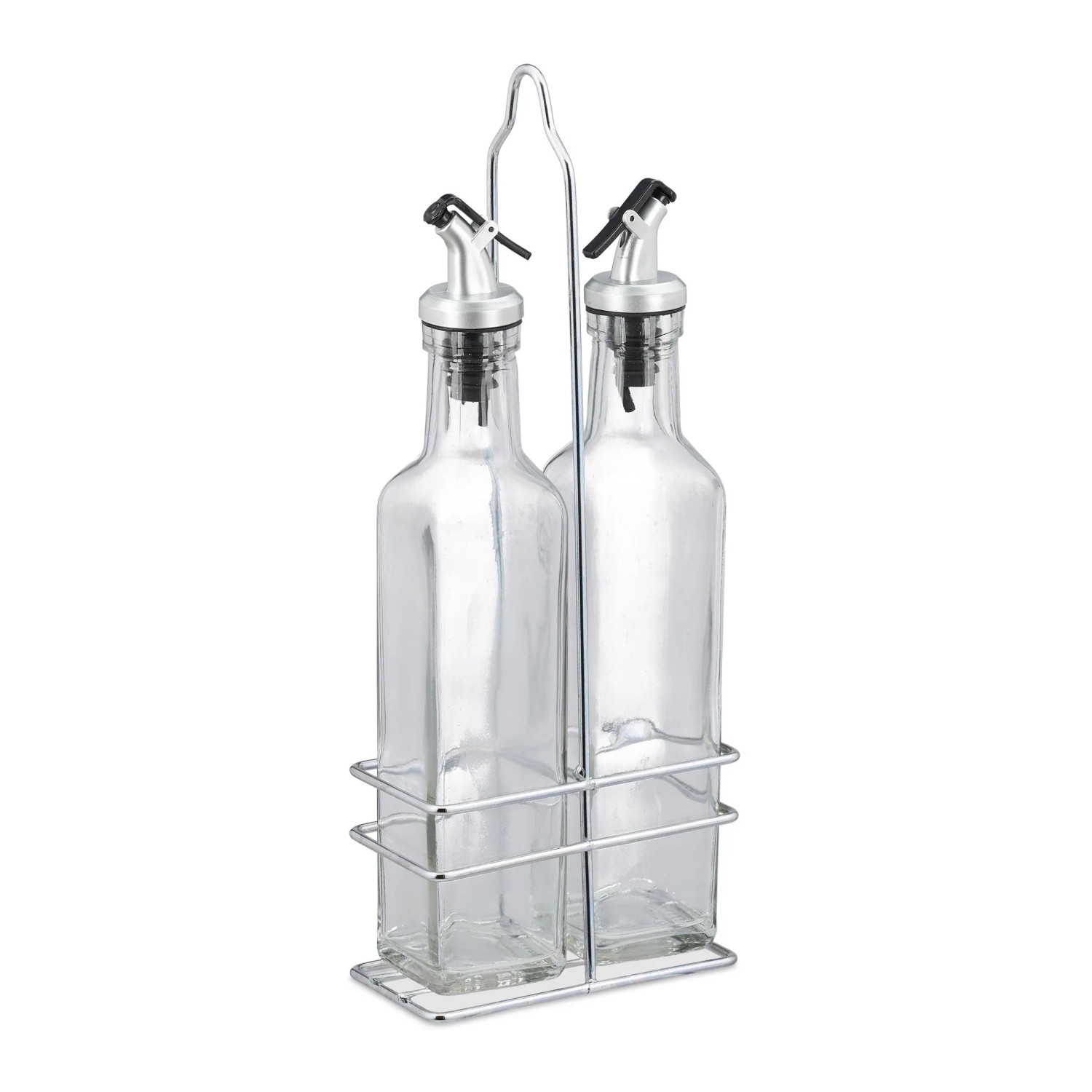 Relaxdays Essig und Ölspender Set Glas Metall Transparent Silber Tropffrei 27,5 cm x 11 cm x 6 cm