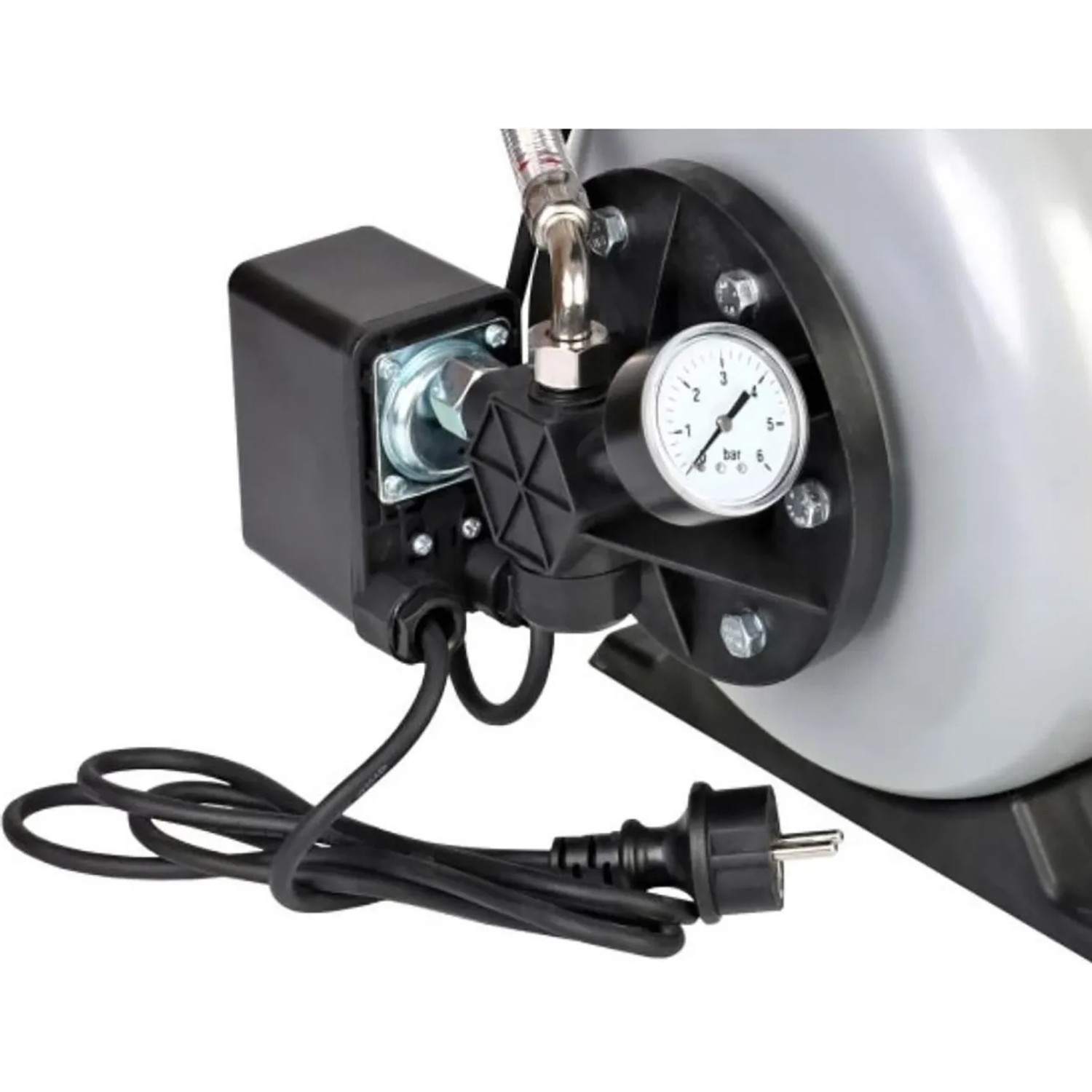 Detailaufnahme Al-Ko Hauswasserwerk HW 3.600 mit Manometer und Stromkabel.
