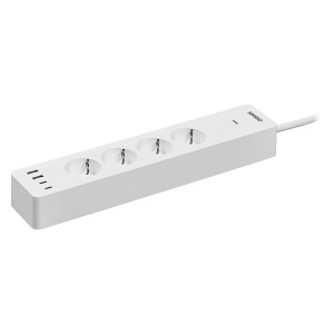 Weiße Osram Smart-WiFi-Steckdosenleiste mit 4 Steckplätzen und USB-Anschlüssen.