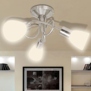 Moderne Deckenleuchte mit drei leuchtenden Glas-Lampenschirmen und satiniertem Nickel-Metallrahmen für Wohnzimmer.