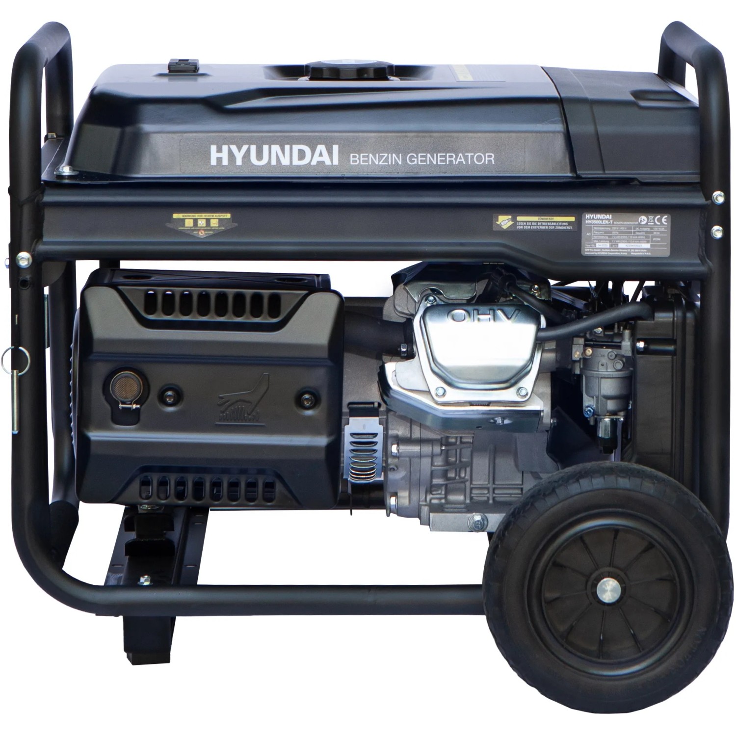 Hyundai Notstromaggregat HY8500LEK-T mit 7,7 kW Leistung und Rädern für mobilen Einsatz.