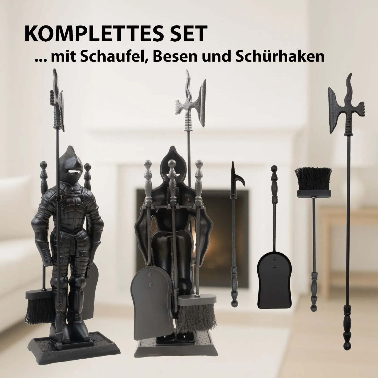 Schwarze TRUTZHOLM Kamingarnitur "Ritter" aus Gusseisen, 4-teiliges Kaminbesteck mit Schaufel, Besen und Schürhaken.
