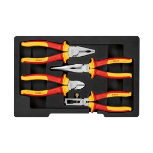 Bosch Professional VDE-Zangen Set, 4-teilig, mit Kombinationszange, Seitenschneider, Spitzzange und Abisolierzange.