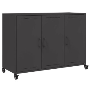Schwarzes vidaXL Sideboard aus Stahl mit 3 Türen und Rollen, 100,5x39x72 cm.