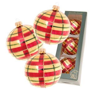 Krebs Glas Lauscha Weihnachtskugeln Xmas Night Caro, 3er-Set, 8cm, rot, gold und grün kariert.
