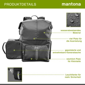 Schwarzer Mantona Kurier Outdoor Fotorucksack, wasserabweisend, mit gepolstertem Kamerafach, Laptopfach und reflektierenden Details.