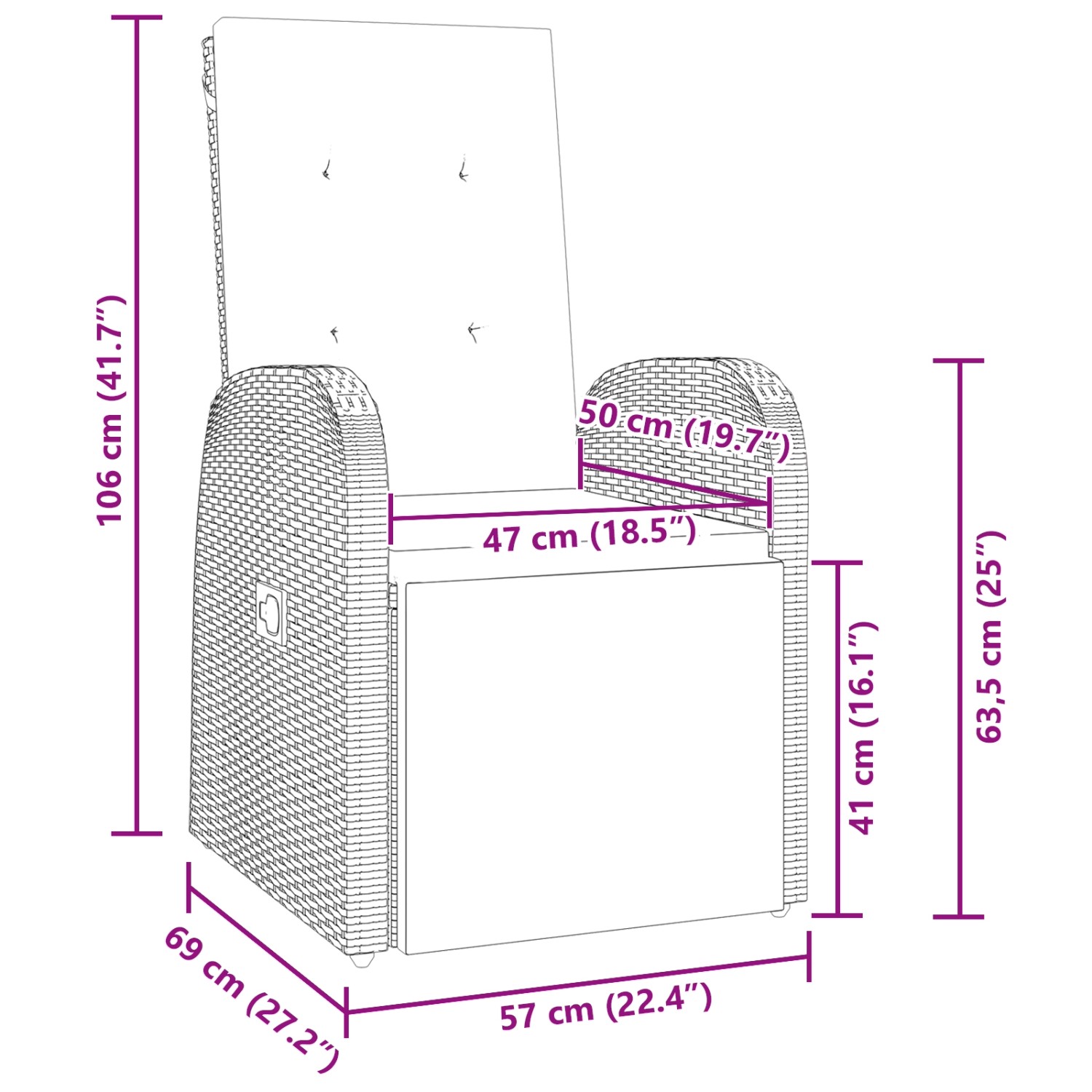 Graue 5-teilige Garten Essgruppe aus Polyrattan mit Kissen, vidaXL. Abmessungen sind eingezeichnet.