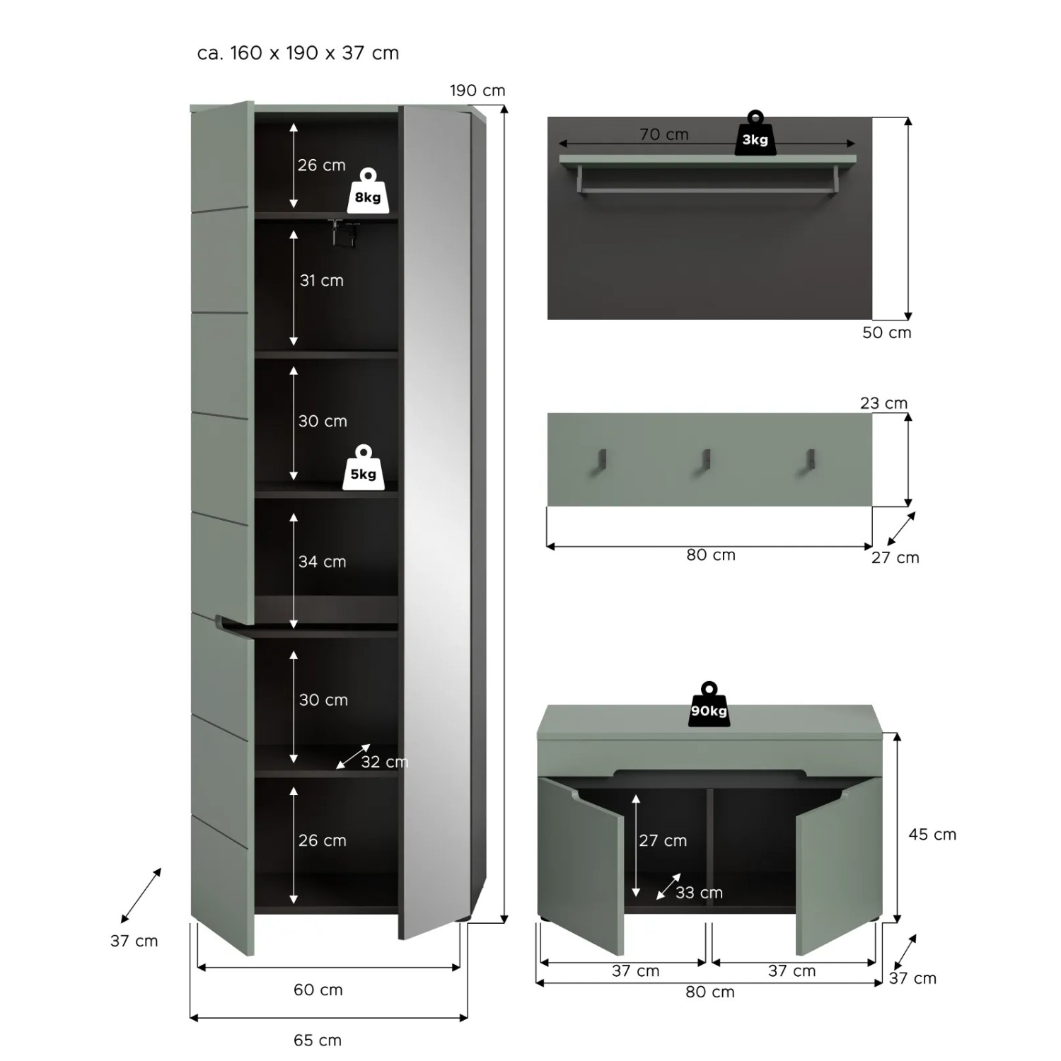 Inn.Furn Garderoben-Set 4-teilig in Salbei und Grau 160 cm Cooper_10