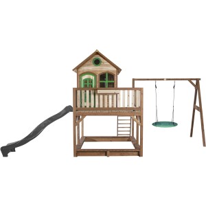 Axi Liam Spielhaus mit Nestschaukel, Rutsche in Braun, Grün und Grau. Spielturm mit Schaukel und Sandkasten.