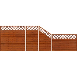 Sichtschutzzaun-Element Country, Teakfarben lasiert, verschiedene Größen. Holz Zaun mit Latten und Gitter.