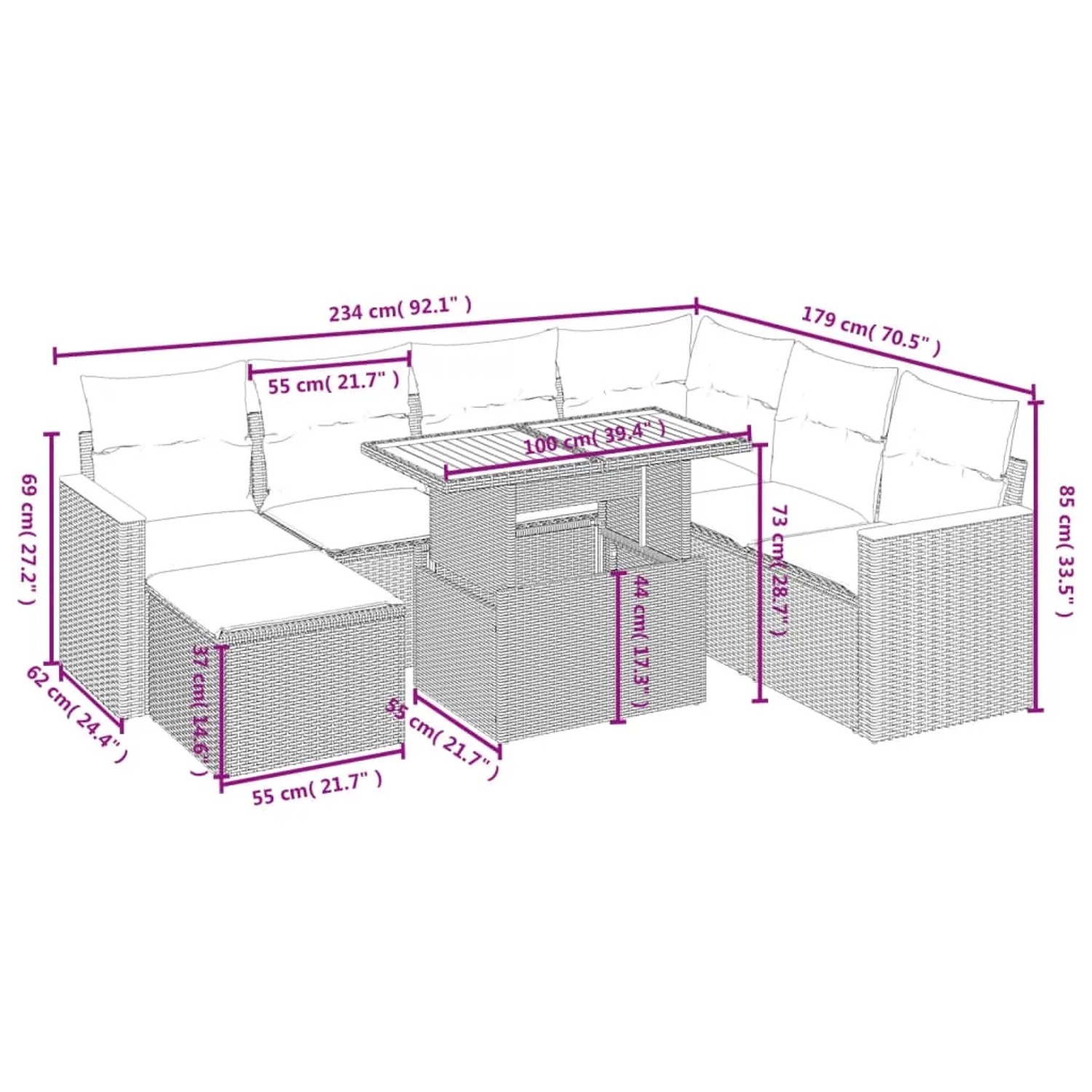 Schwarze 8-tlg. vidaXL Garten-Sofagarnitur aus Polyrattan mit Kissen und Tisch, Maße eingezeichnet.