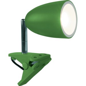 Grüne LED-Klemmleuchte Vidorni mit Chromhals, ideal als flexible Lese- oder Tischleuchte.