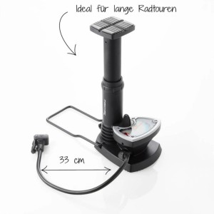 Schwarze Fischer Fuß-Standpumpe mit Manometer und Adapter für Fahrräder.