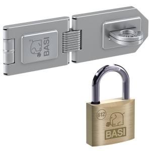 Basi Sicherheitsüberfalle mit Messing Vorhangschloss, 1-Gelenk, zur Sicherung von Türen und Toren.