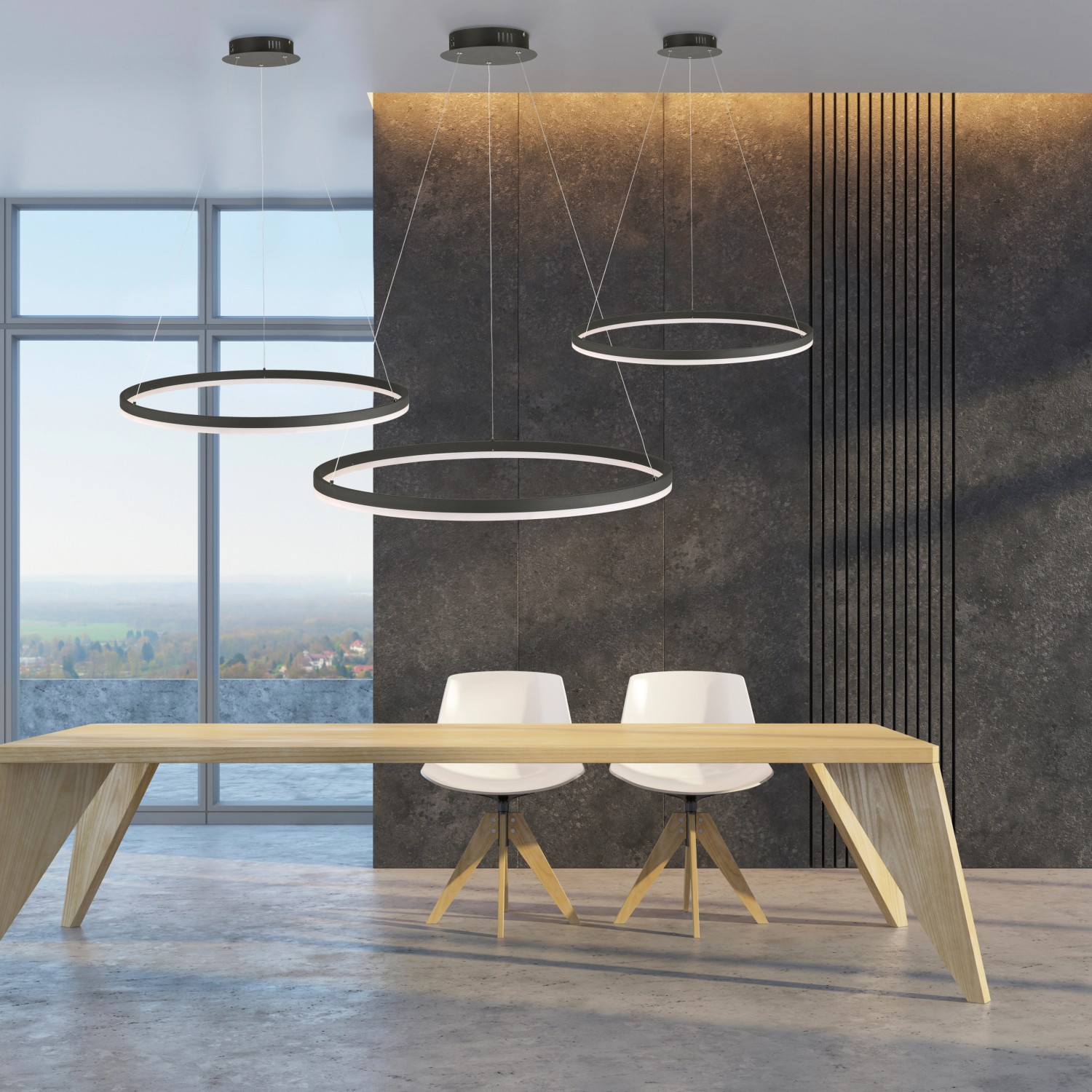 Anthrazitfarbene LED-Pendelleuchte Titus, Ø 80 cm, dimmbar, modernes Design für Wohnräume.