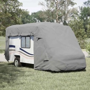 Graue vidaXL Schutzhülle aus Vliesstoff für ein Wohnmobil (570x235x275 cm) im Außenbereich.