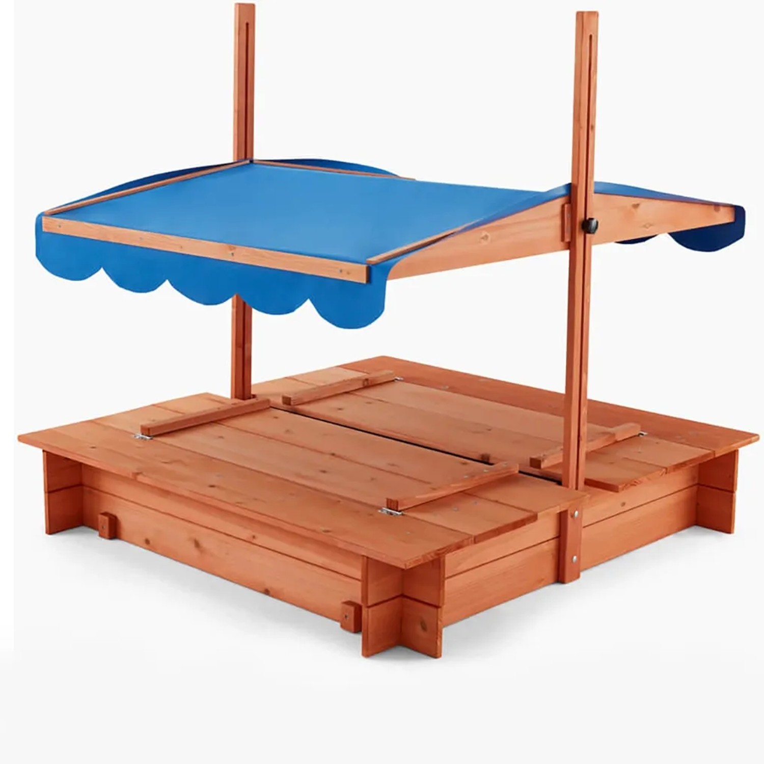 Home Deluxe Sandkasten Buddelkiste mit blauem Dach und Sitzbänken aus Holz.