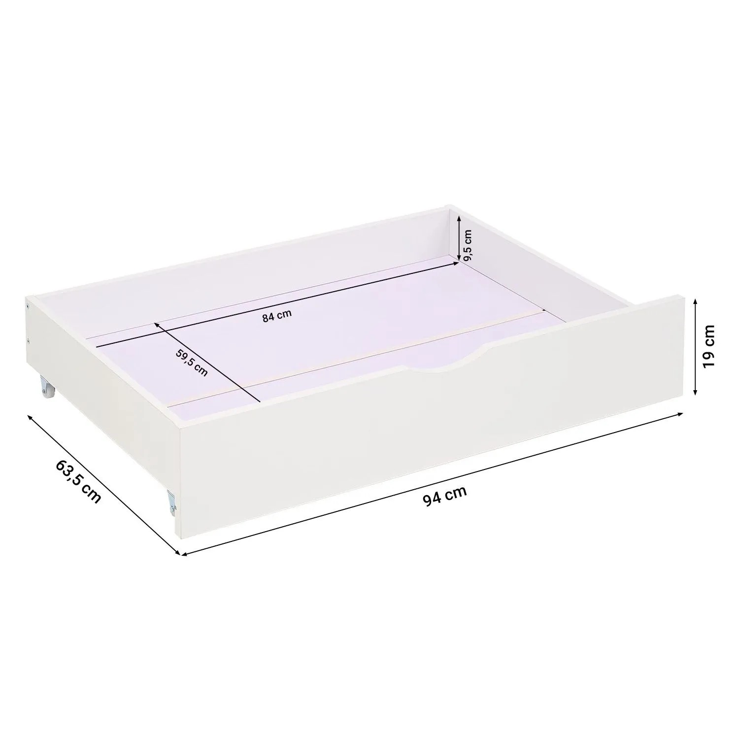 Weißer Bettkasten Schublade mit Rollen, Maße 94x63,5x19 cm, für Stauraum unter dem Bett.