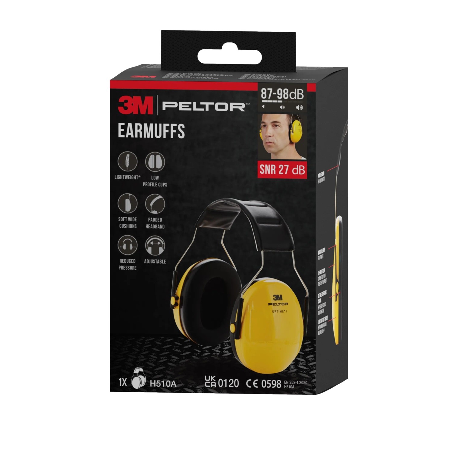 3M Peltor Optime H510A Kapselgehörschutz in Gelb/Schwarz, verpackt.